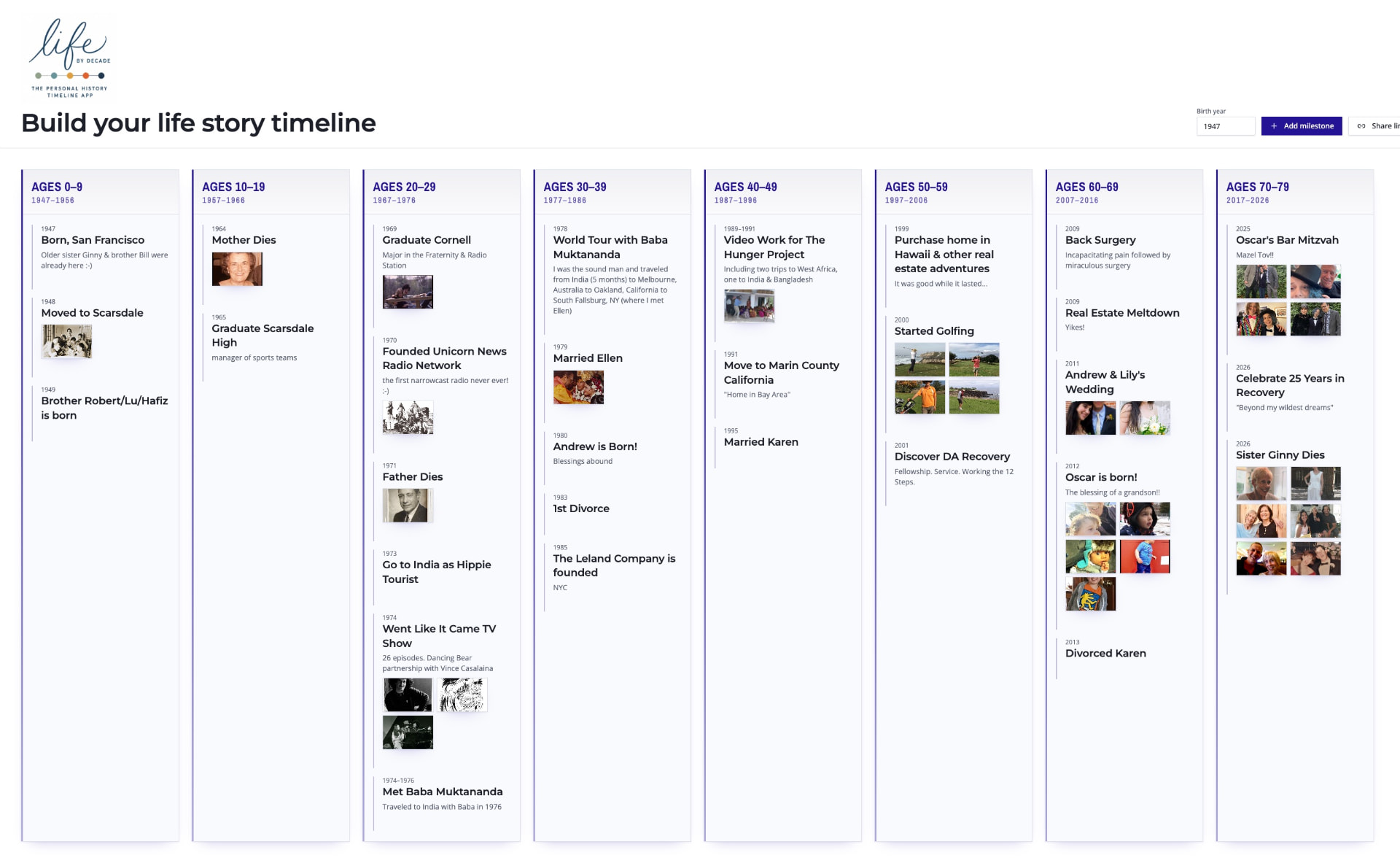 A Life By Decade timeline with milestones from birth to age 79 laid out decade by decade, with photos attached to many events
